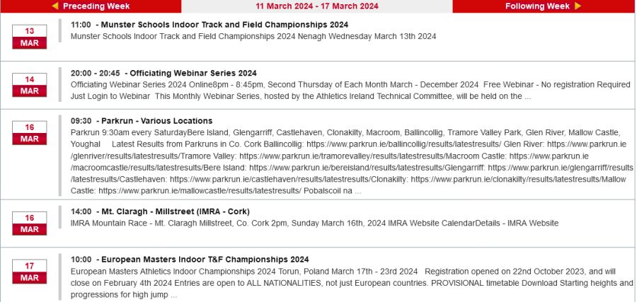 cork athletics events week ending march 17th 2024