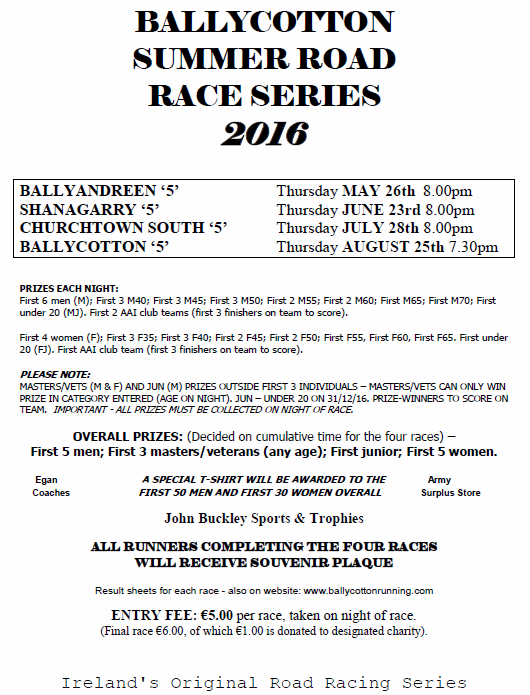 Ballycotton Summer Road Race Series Flyer 2016