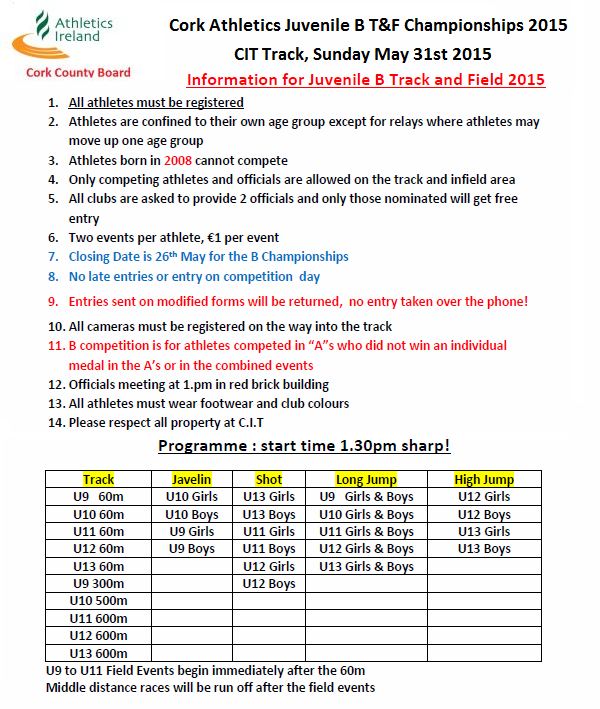 Cork AAI Juvenile B T&F Championships 2015 - Programme of Events