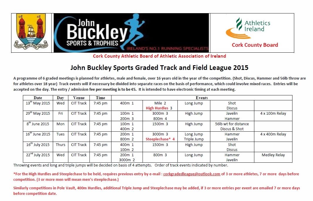 Calendar & Schedule of Events - Cork Athletics / John Buckley Sports Graded T&F Leagues 2015