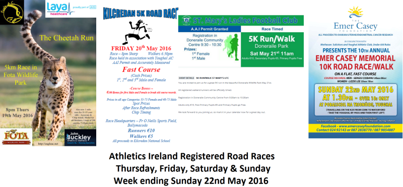 Registered Athletics Ireland Events for weekend ending May 22nd 2016