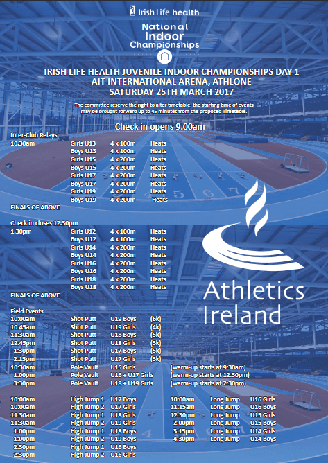 Athletics Ireland National Juvenile Indoor Championships 2017 Day 1 Timetable