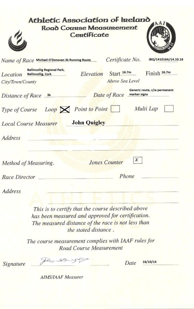 Michael O'Donovan 3k Measurement Cert - Ballincollig Regional Park