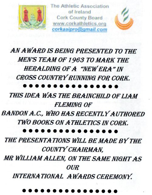 Cork Athletics 1963 Winning National Cross-Country Team Presentation Booklet 2016