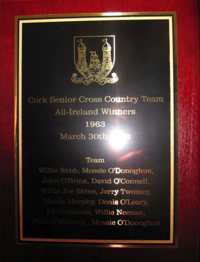 Cork Athletics Plaque commemoration the Cork Senior Cross-Country team's National Senior Cross-Country win  in 1963