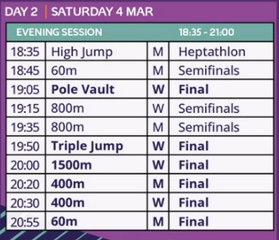 european athletics championships evening schedule day 2 sat mar 4th 2023