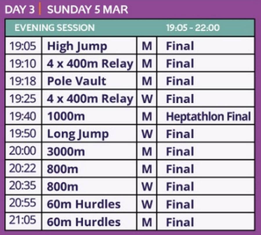 european athletics championships evening schedule day 3 sun mar 5th 2023