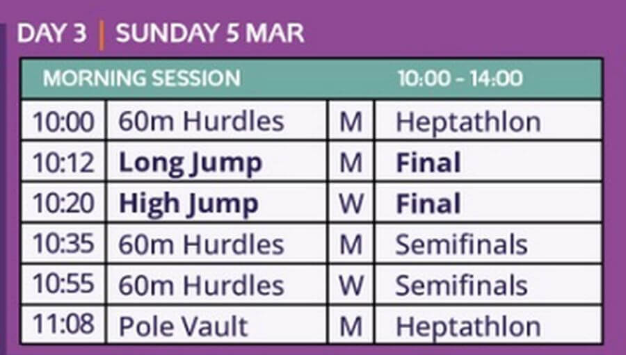 european athletics championships morning schedule day 3 sun mar 5th 2023