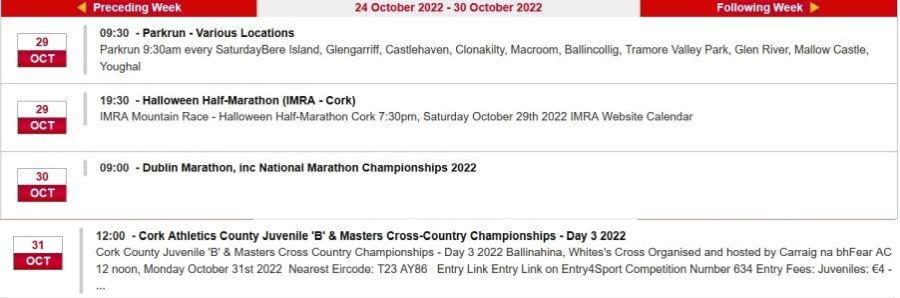 cork athletics calendar we mon oct 31st 2022