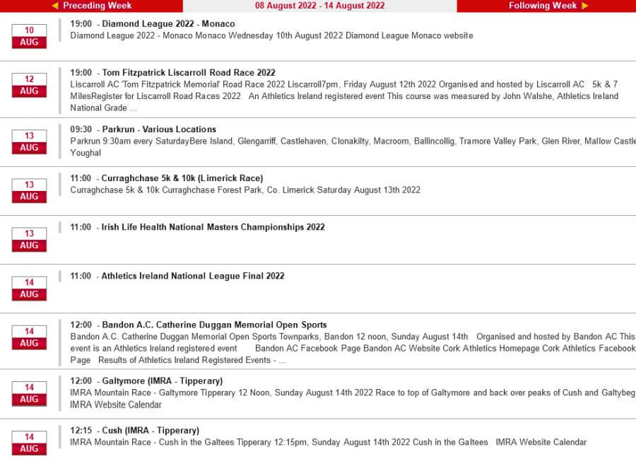 cork athletics calendar we sun august 14th 2022