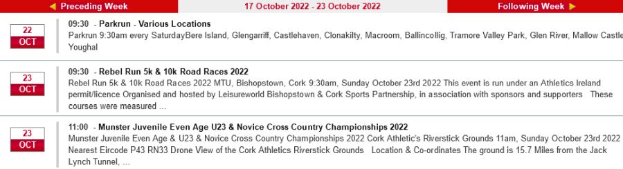 cork athletics calendar we sun october 23rd 2022
