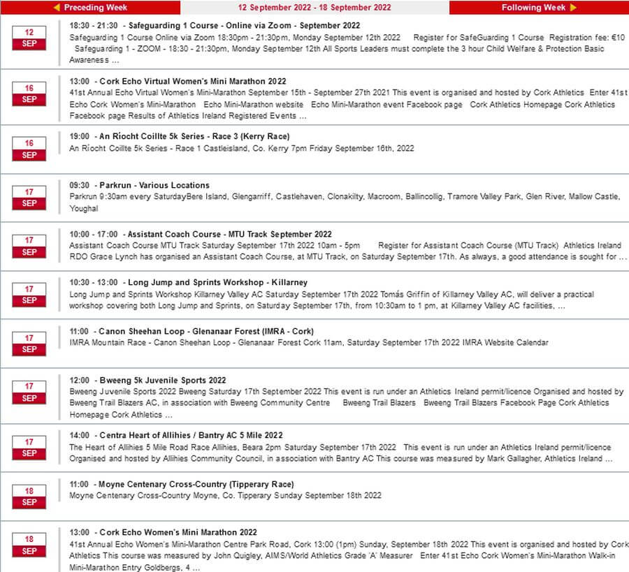 cork athletics calendar we sun september 18th 2022