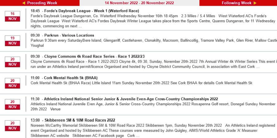 cork athletics events week ending nov 20th 2022