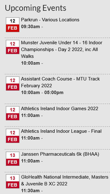 cork athletics this weeks events weekend feb 13th 2022
