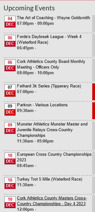 cork athletics events week ending december 10th 2023