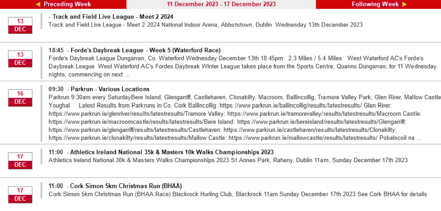 cork athletics events week ending december 17th 2023