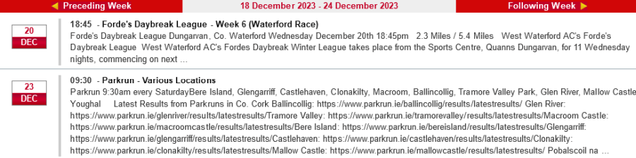 cork athletics events week ending december 24th 2023