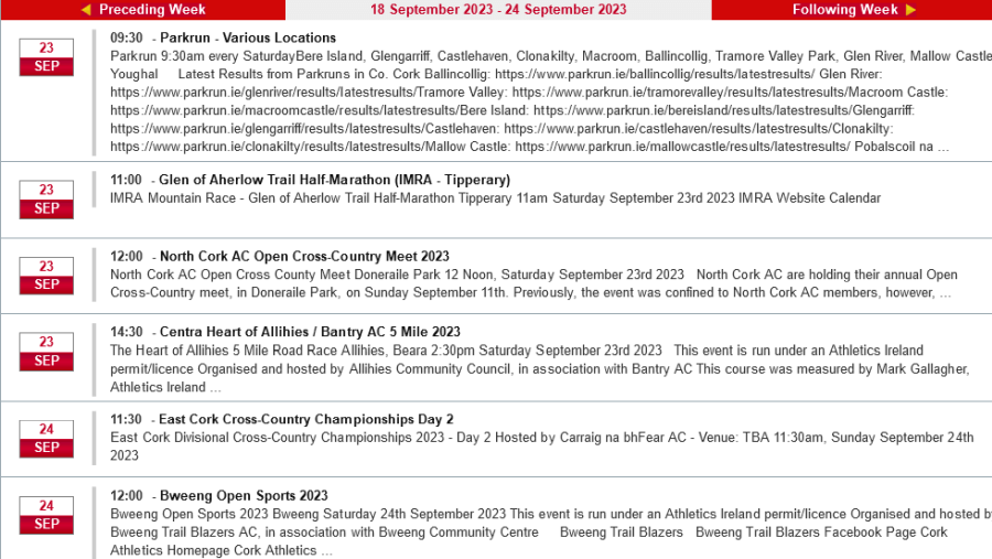 cork athletics events week ending september 24th 2023