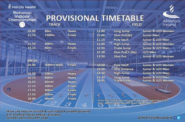 athletics ireland national junior under 23 indoor championsips 2018 provisional timetable