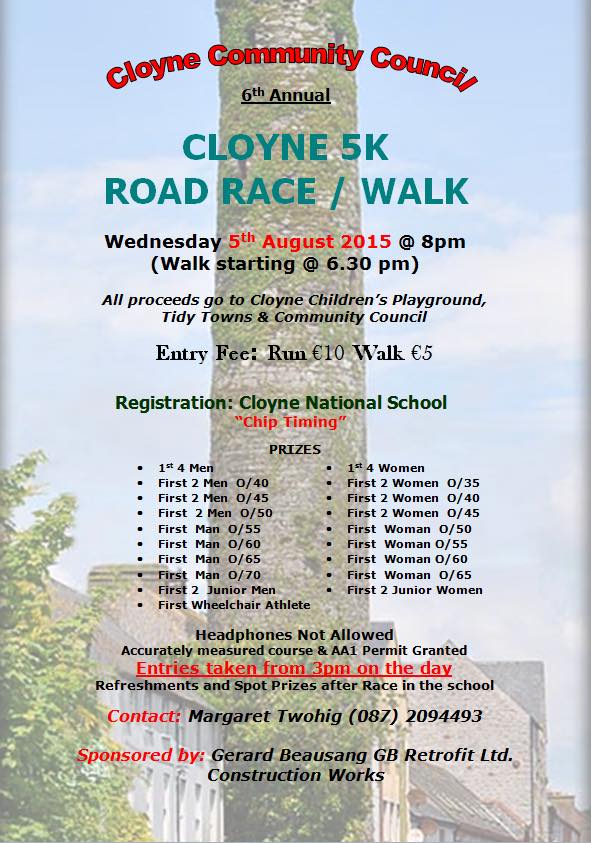 Cloyne 5k Road Race Flyer 2015