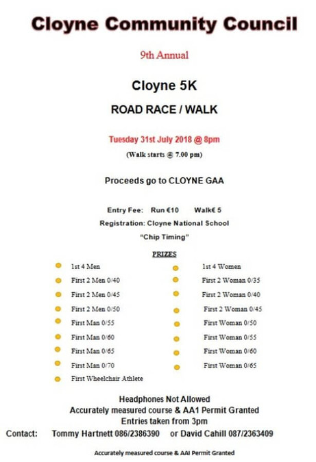cloyne 5k road race flyer 2018