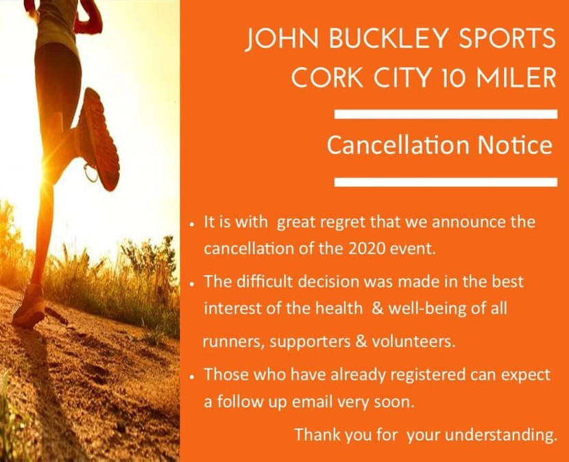 john buckley sports cork city 10 miler cancellation notice 2020