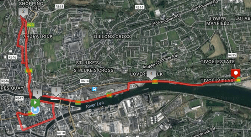 Cork City Marathon Relay Leg 1 2017 Route Map