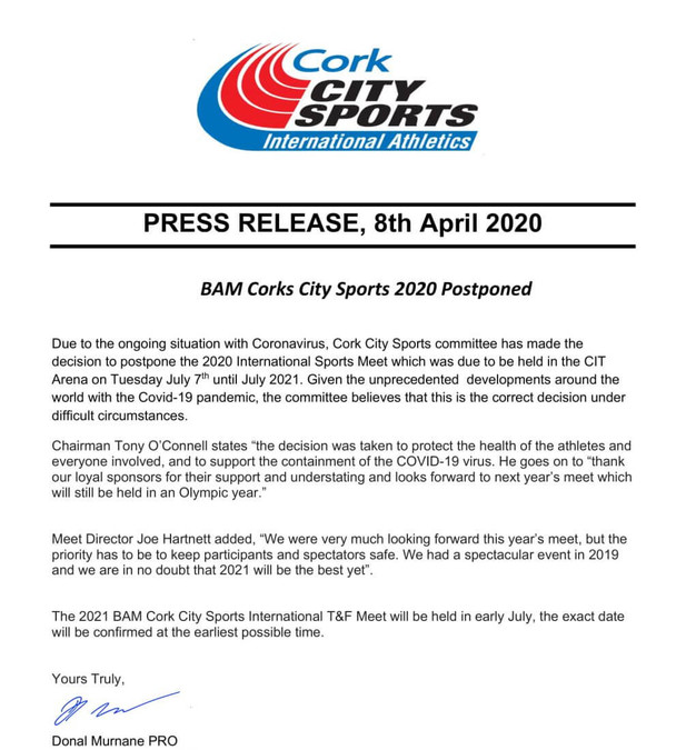 cork city sports postponement press release april 2020