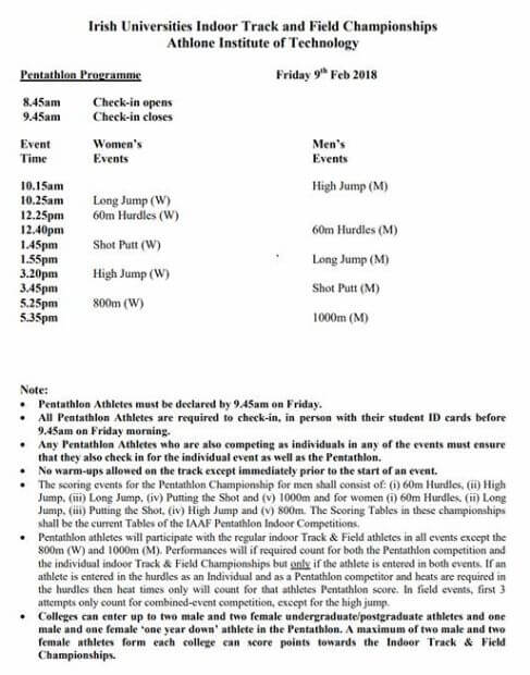 iuaa indoor championships 2018 pentathlon timetable