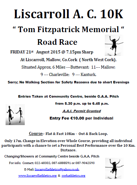Liscarroll AC Tom Fitzpatrick Memorial 10k Road Race Flyer 2015