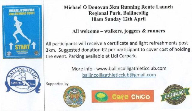 Ballincollig AC 3k Running Route - Michael O'Donovan Memorial Event  Flyer