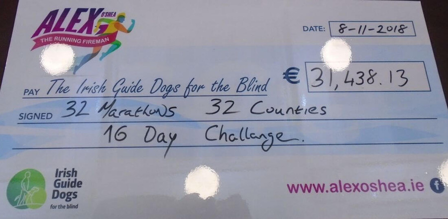 alex o shea 32 marathons in 16 days cheque