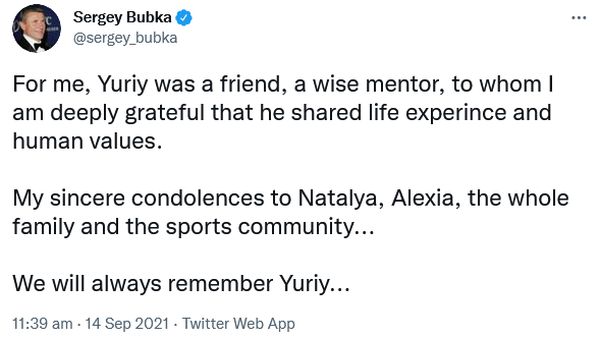 sergey bubka tweet on death of yuri sedykh