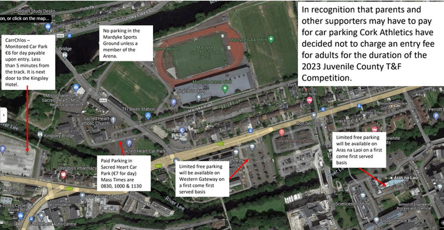 car parks cork athletics county juvenile track and field championships 2023 day 1