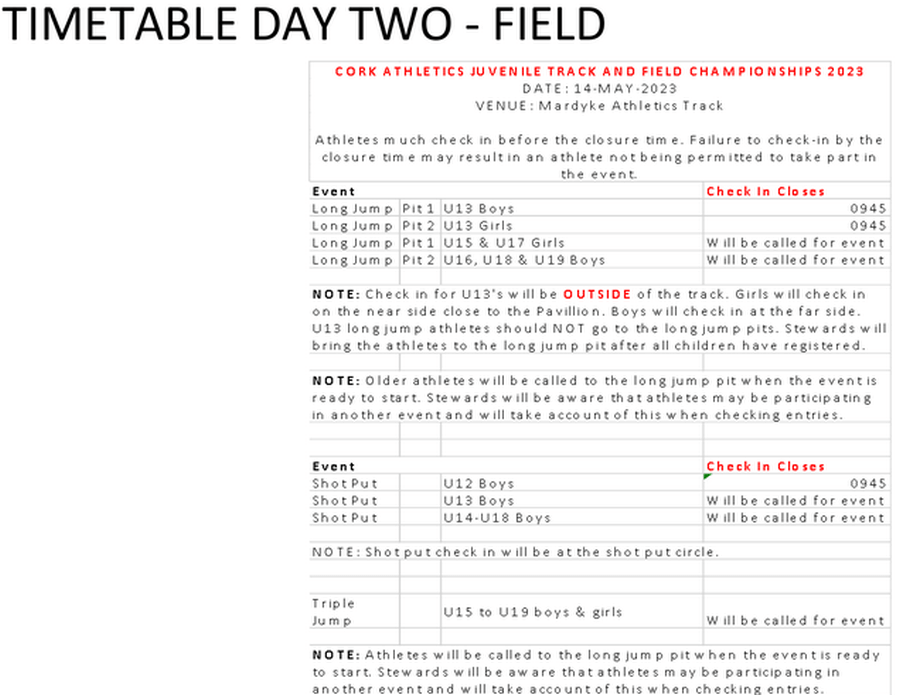 field timetable cork athletics county juvenile track and field championships 2023 day 2