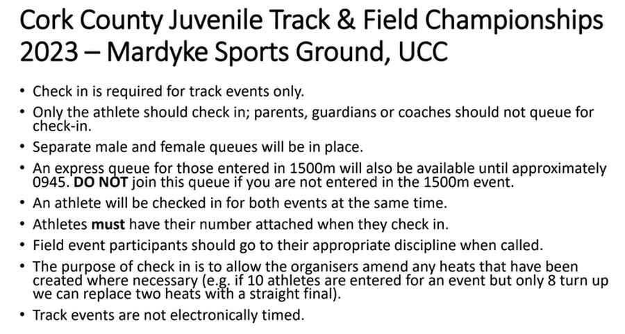 information sheet 1 cork athletics county juvenile track and field championships 2023 day 1