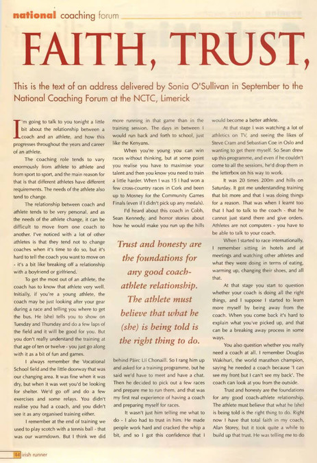 sonia o sullivan national coaching forum address irish runner magazine vol 19 no 5 p45 oct nov 1999