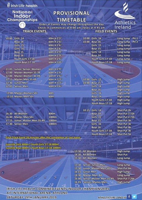 athletics ireland indoor combined events timetable 2019